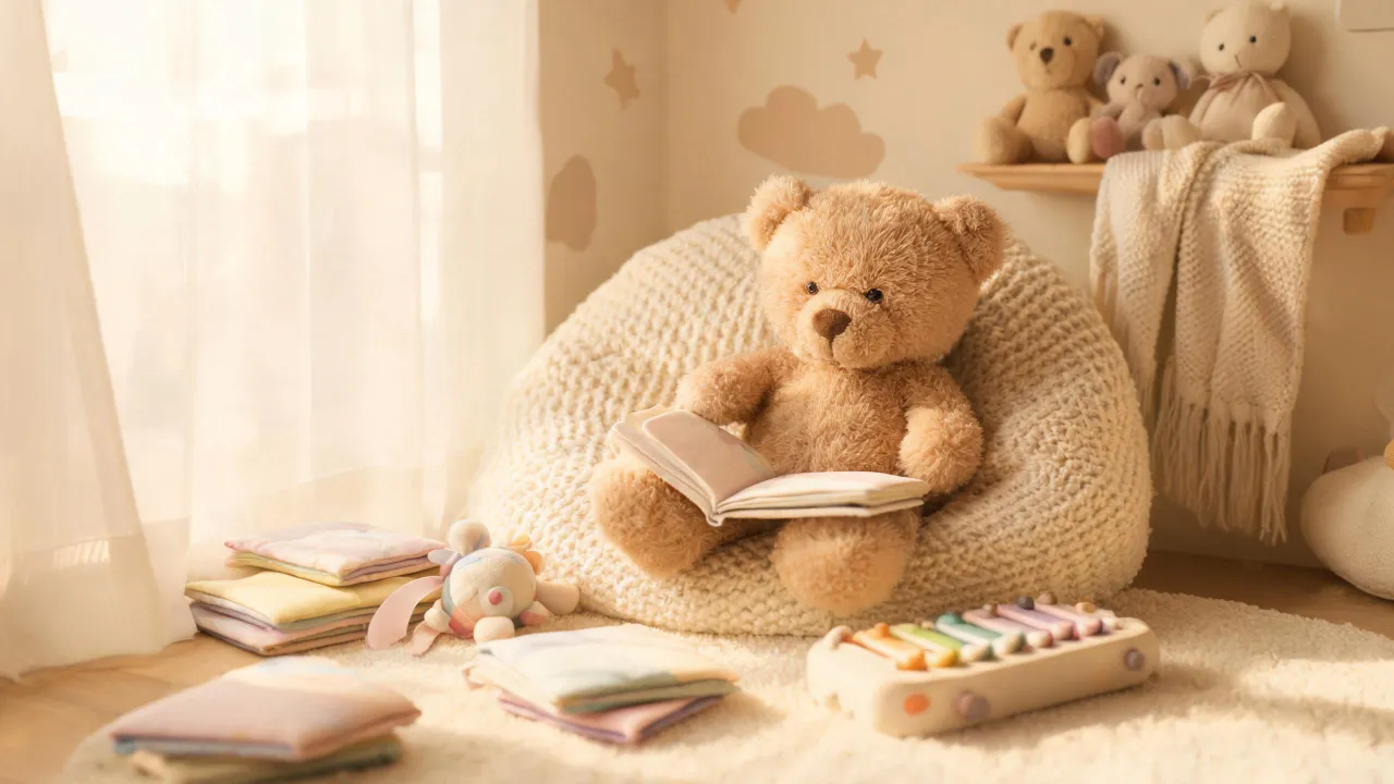 Soft plush learning friend in nursery reading corner