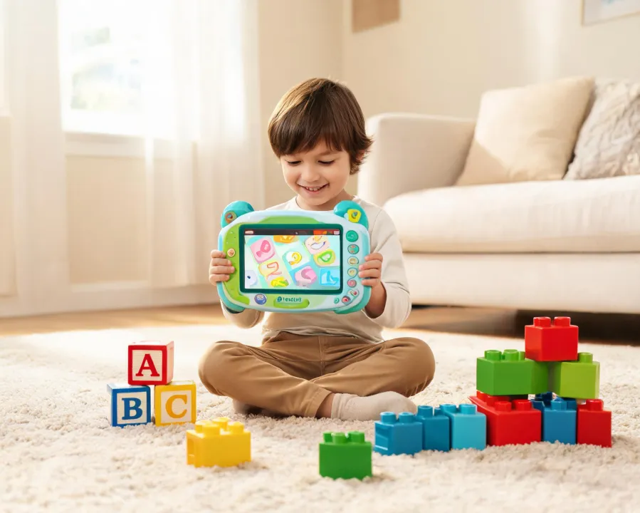 Child using a Leapfrog learning tablet with alphabet blocks